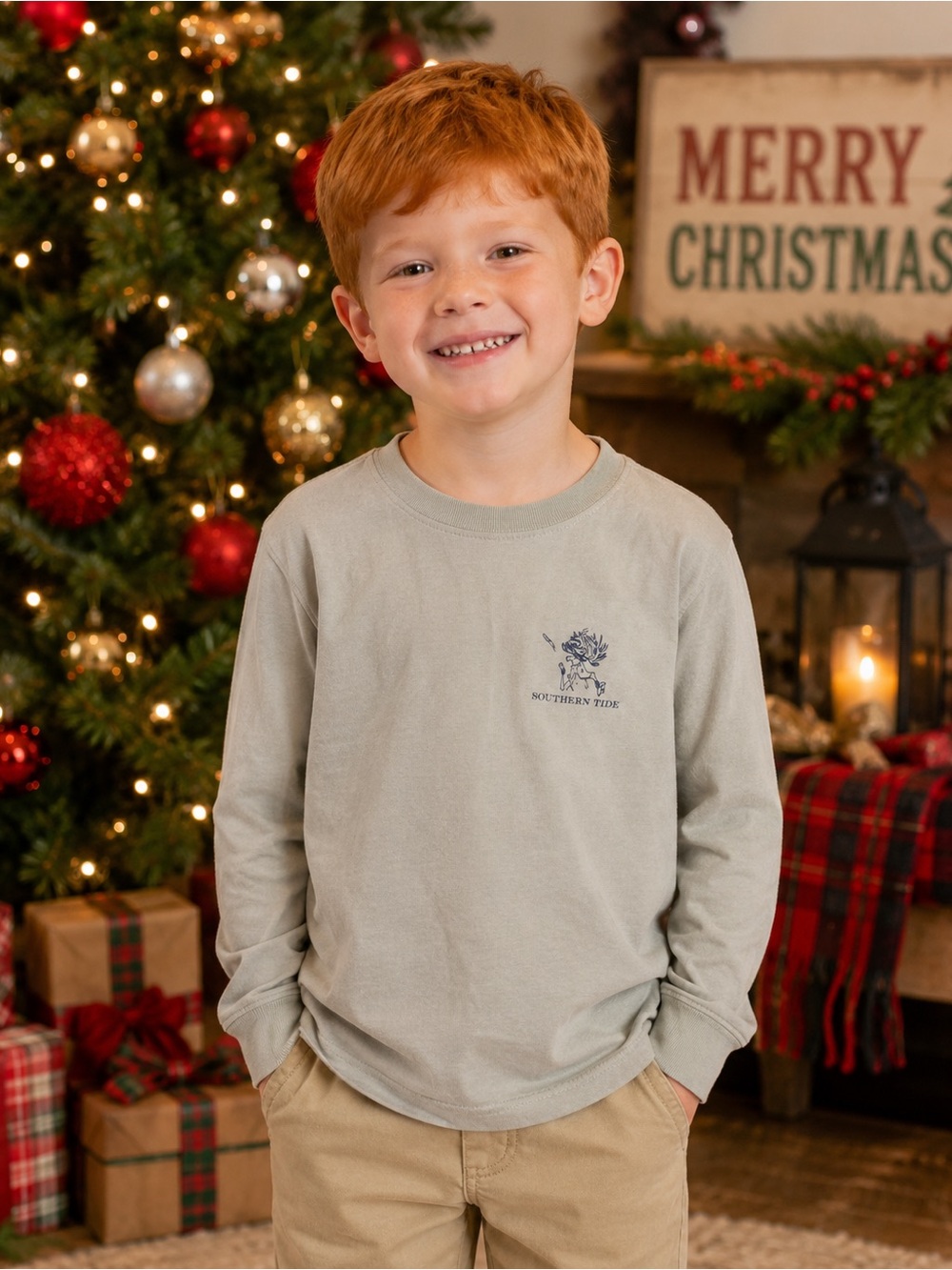 Southern Tide Kids Reindeer Games Christmas tee in Light gray
